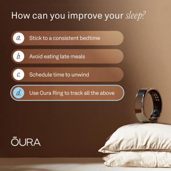 A minimalist, high-contrast ad featuring a smart sleep ring on a pillow, using a multiple-choice list to present product benefits.